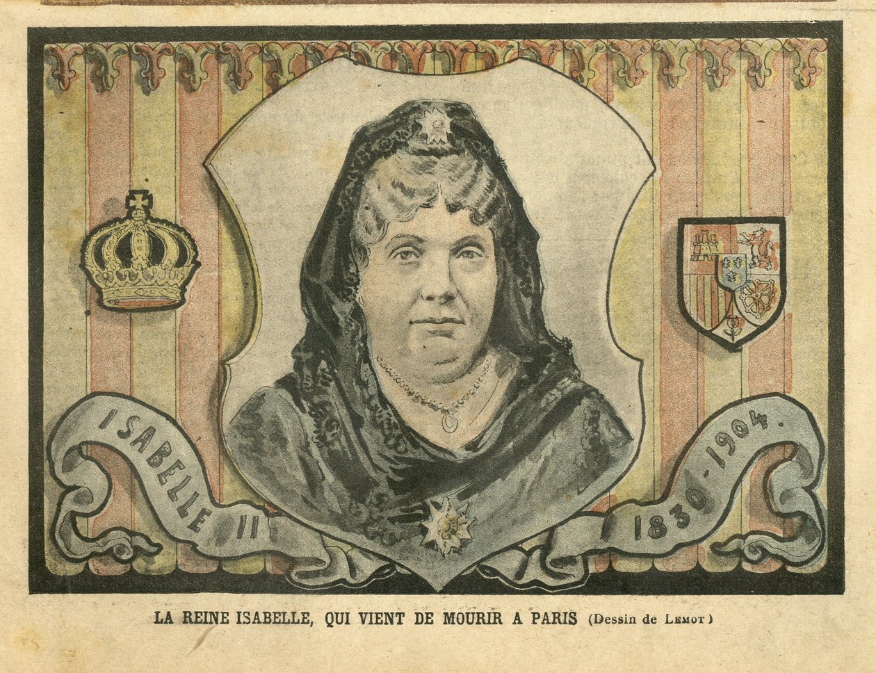 Illustration av Achille Lemot (1846-1909) i Le Pelerin, 24/04/04 - Drottning Isabelle, som just dog i Paris - Paris, Spanien, monarki, utländsk suverän - Isabella II av Spanien (1830-1904) av Achille Lemot