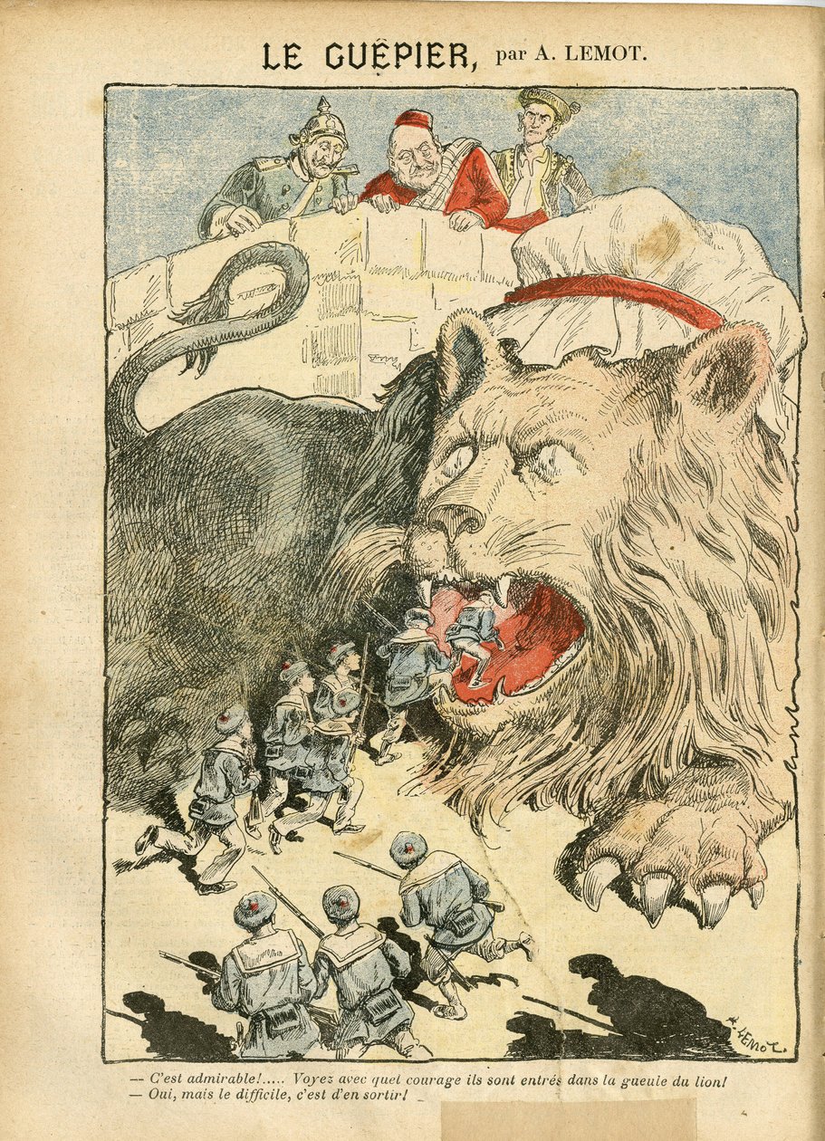 Illustration av Achille Lemot (1846-1909) i Le Pelerin, 25/08/07 - Le Guepier - Kriget, Tyskland Preussen, England Storbritannien, Spanien, Maritime Marine Seaside - Lion/Tiger av Achille Lemot