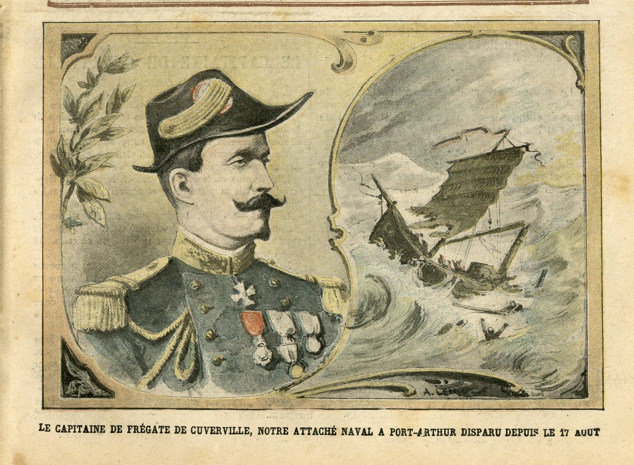 Illustration av Achille Lemot (1846-1909) i Le Pelerin, 25/09/04 - Kaptenen för fregatten av Cuverville, vår marinanslutning till Port-Arthur försvann sedan 17 augusti - Armee, Maritime Marine Nautique Balneaire, Port-Arthur, Naufrage - De Cuverville av Achille Lemot