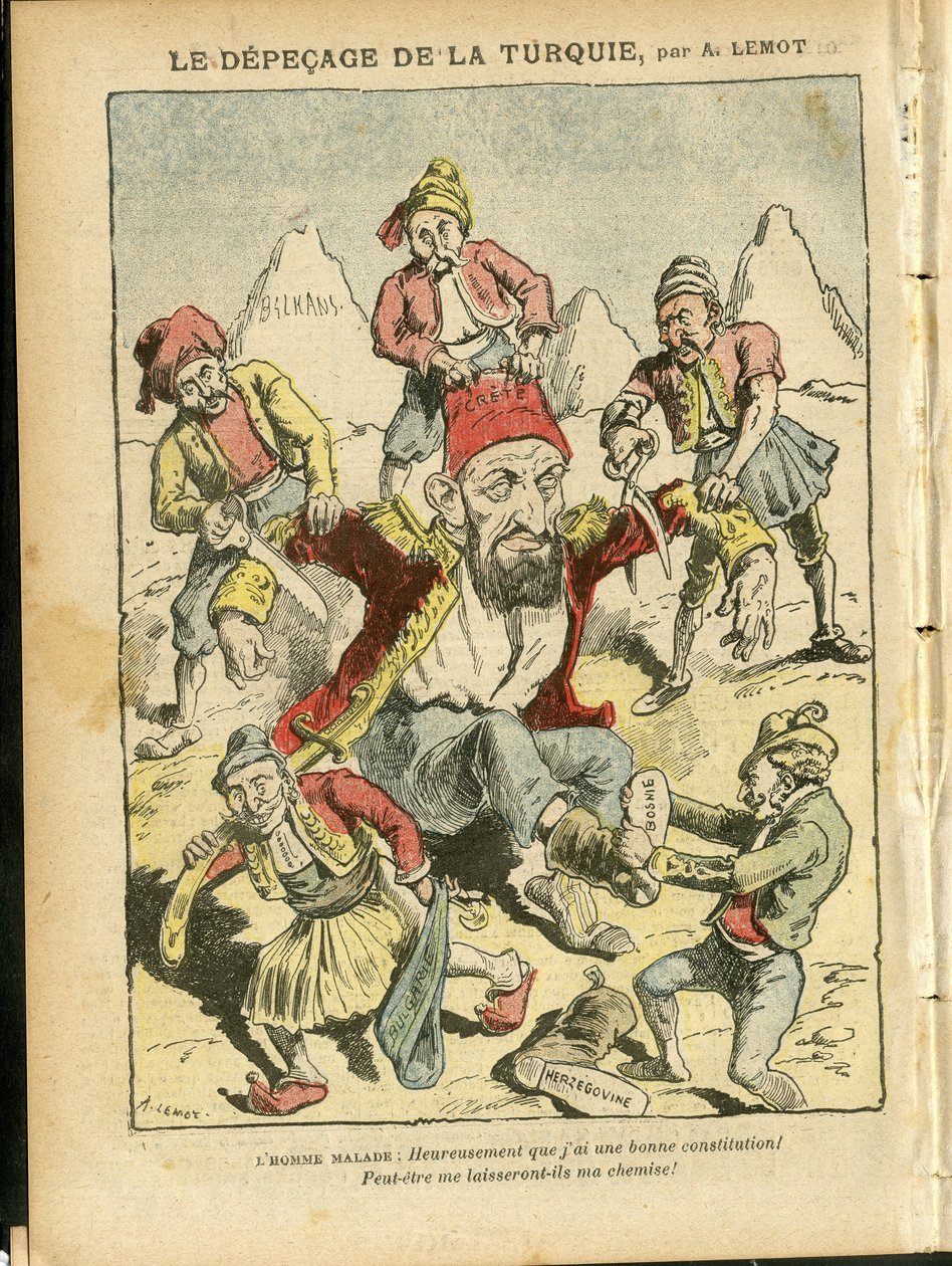 Illustration av Achille Lemot (1846-1909) i Le Pelerin, 25/10/08 - Turkiets depecage - Turkiet, Religion Tro, Balkan, Bulgarien, Bosnien-Hercegovina, Kreta, katolsk katolicism - Abdul-Hamid II (1842-1918) av Achille Lemot