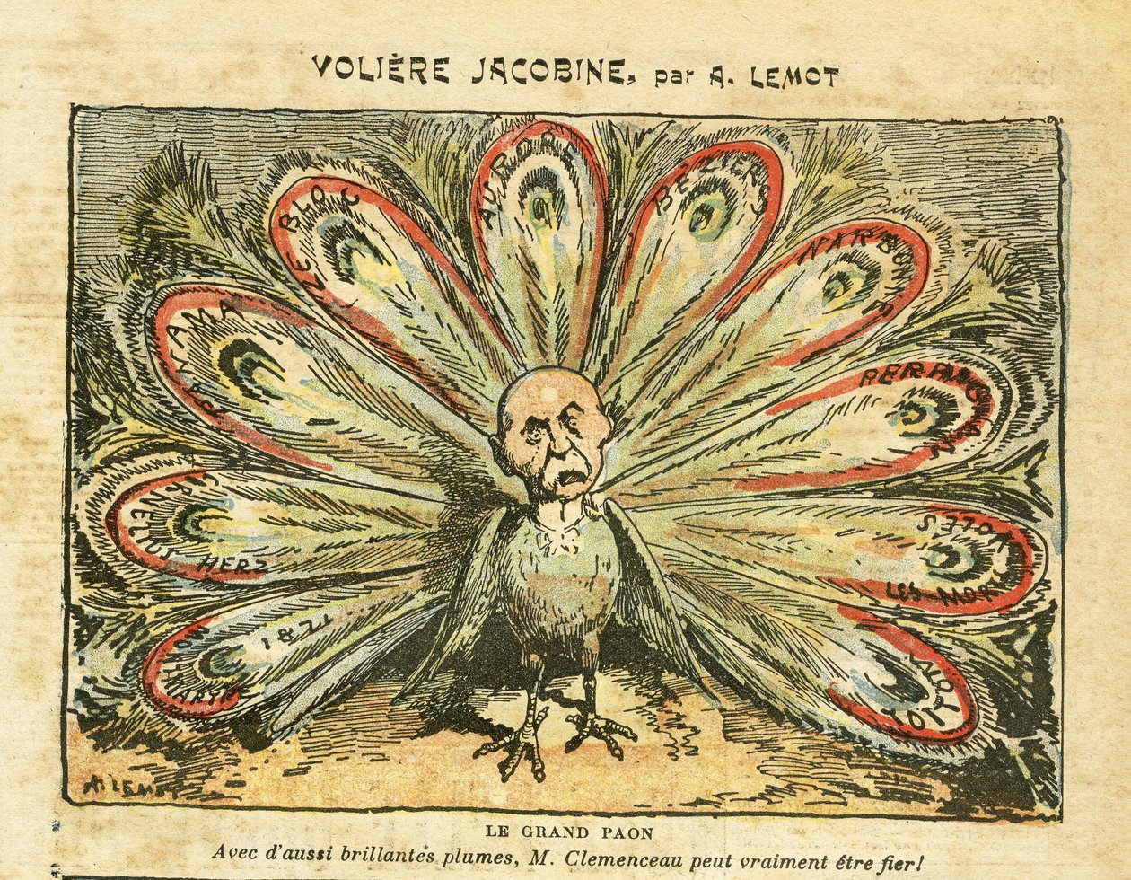 Illustration av Achille Lemot (1846-1909) i Le Pelerin, 01/26/08 - jakobinsk voljär - Bloc des lefts, vinkris Revolte des vignerons, Narbonne, Beziers, Aurore (dagbok) - Clemenceau George, Peacock, - Animalization av Achille Lemot