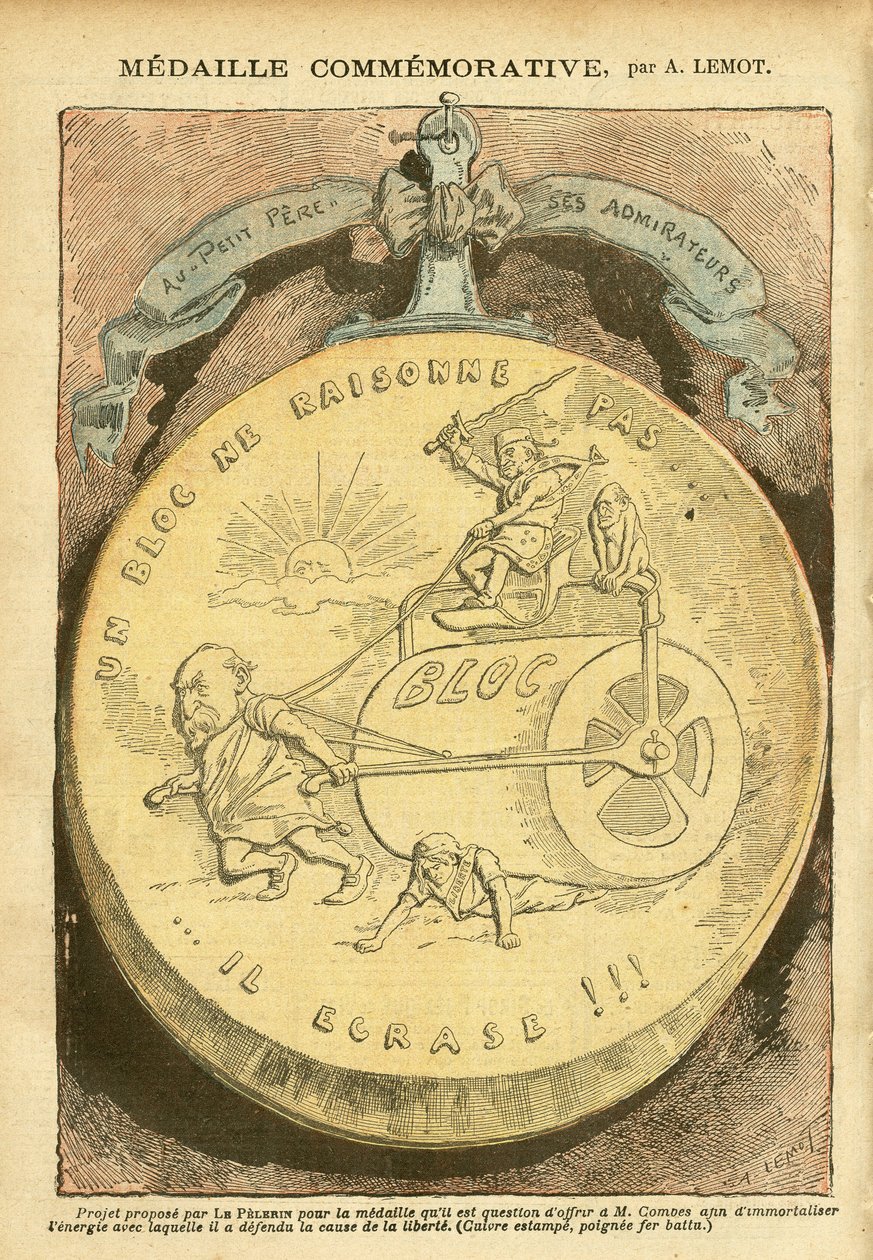 Illustration av Achille Lemot (1846-1909) i Le Pelerin, 26/02/05 - Jubileumsmedalj - Antimaconism Freemaking, Kortfodral, Vänsterblock - Combes Emile (1835-1921), Marianne - Gryta av Achille Lemot