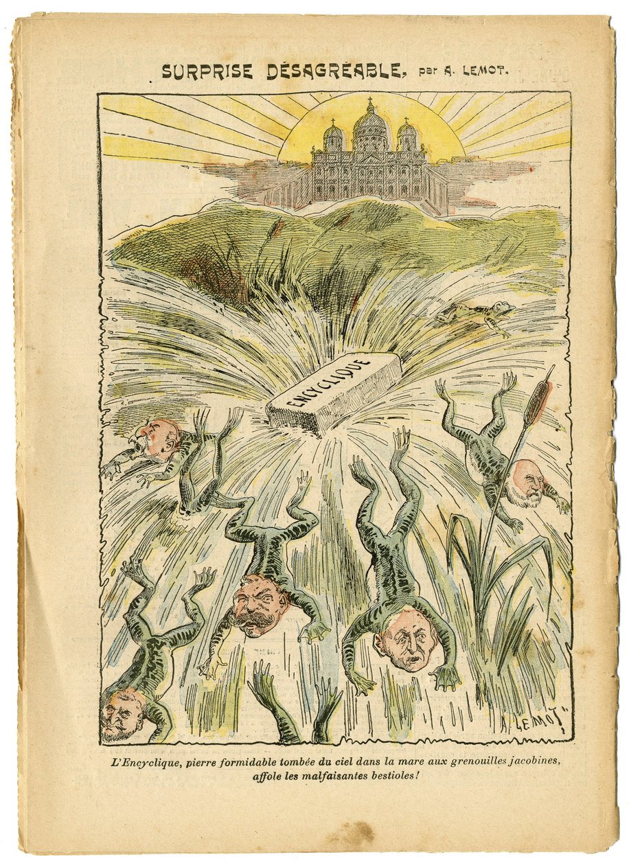 Illustration av Achille Lemot (1846-1909) i Le Pelerin, 26/08/06 - Överraskning behaglig - Prästerlig/antirepublikan, Religion Tro, Vatikanen, uttryck, katolsk katolicism - Encyklika - Batracian Frog - Animalisering av Achille Lemot