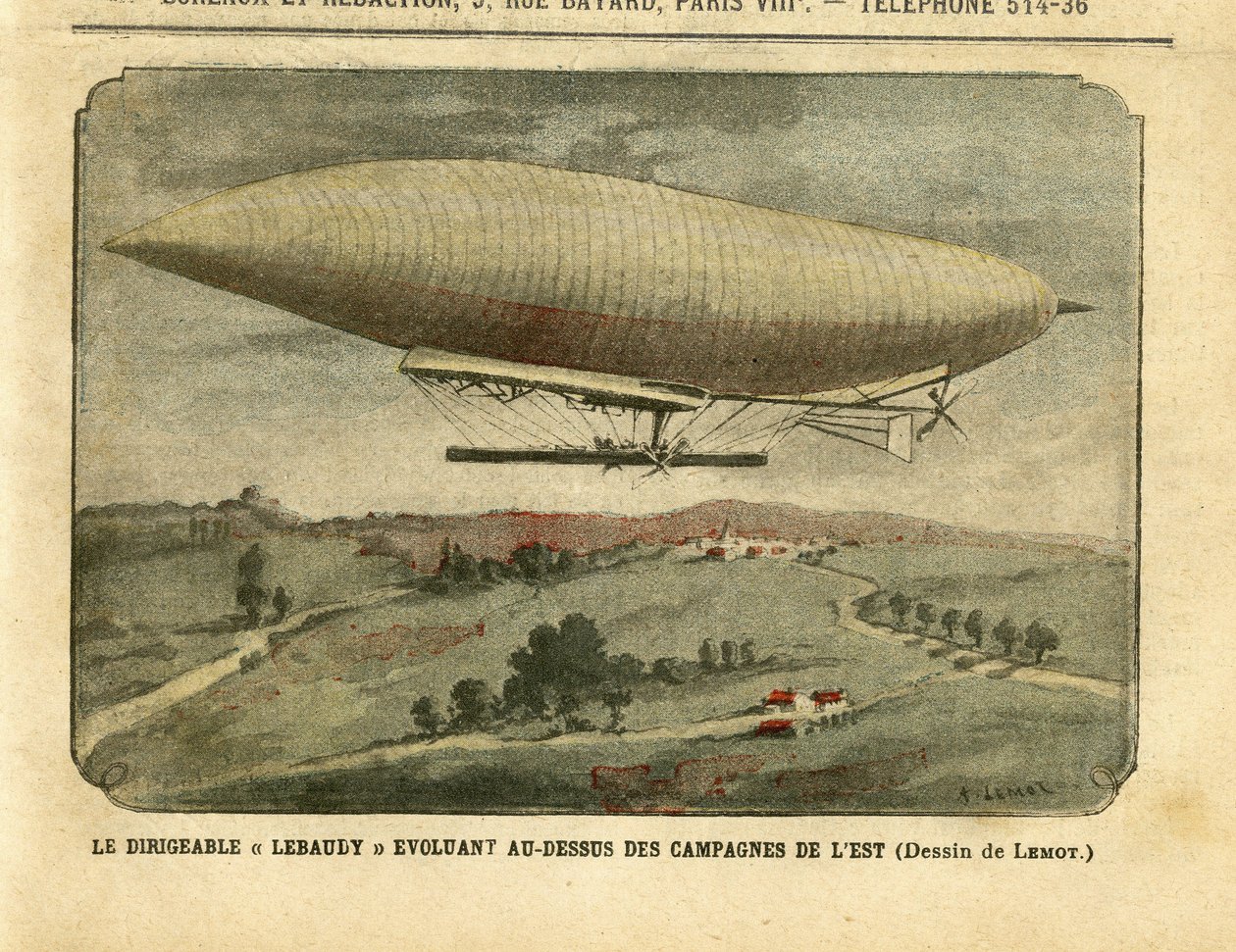 Illustration av Achille Lemot (1846-1909) i Le Pelerin, 26/11/05 - Luftskeppet "" Lebaudy"" utvecklas över den östra landsbygden - Kampanj, Ballonger luftskepp zeppelinare aerostation, Lebaudy av Achille Lemot