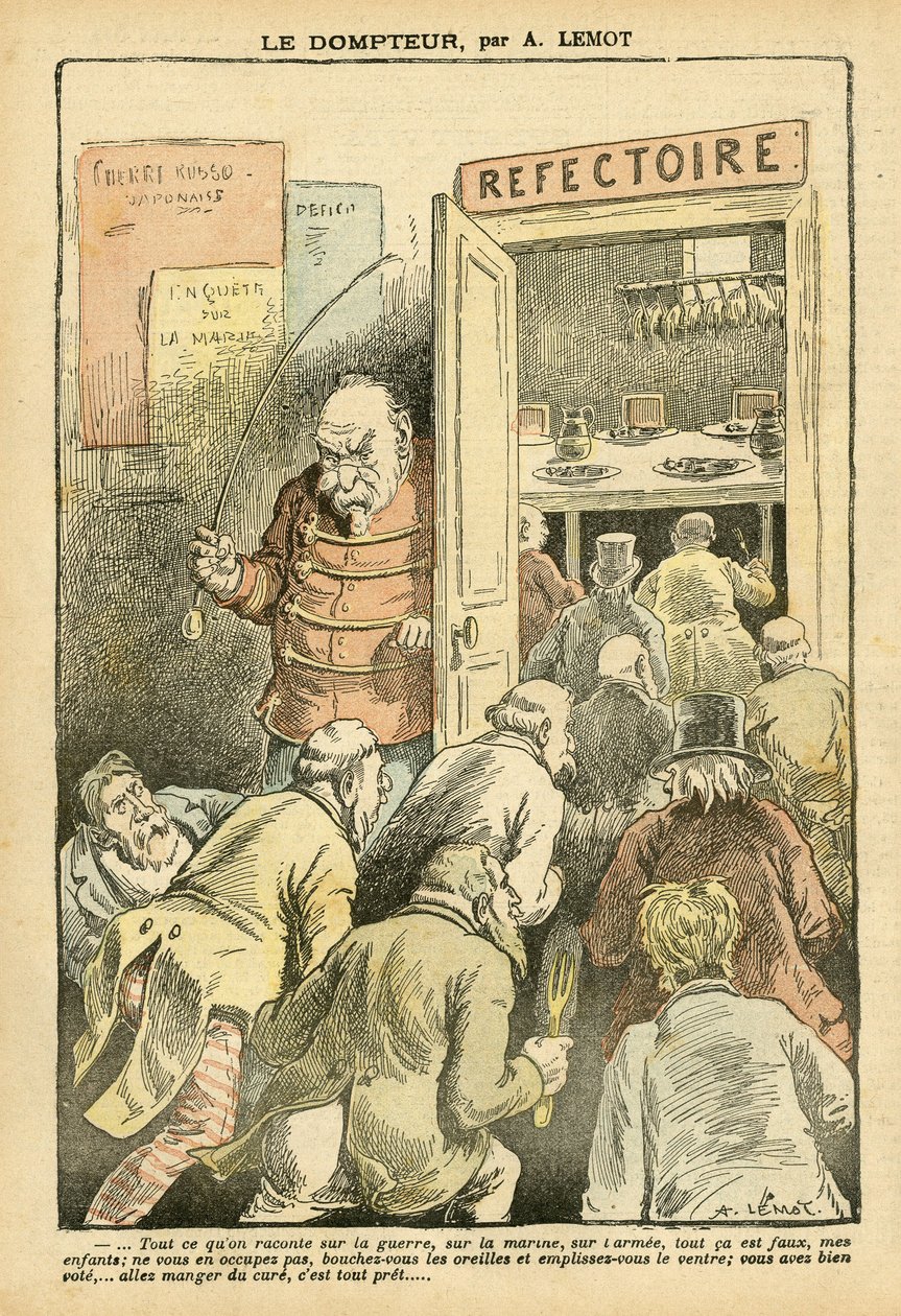 Illustration av Achille Lemot (1846-1909) i Le Pelerin, 27/03/04 - Tämjaren - Restaurangkaféer, gastronomikock - Combes Emile (1835-1921), Tamer - Matmetafor av Achille Lemot