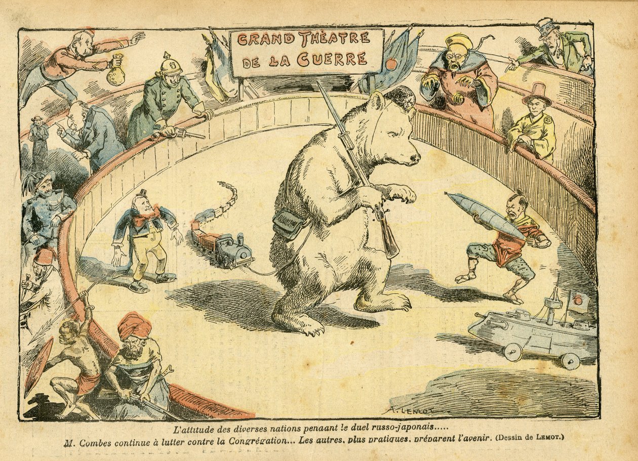 Illustration av Achille Lemot (1846-1909) i Le Pelerin, 28/02/04 - Attityden hos olika nationer... - Ryssland, rysk-japanska kriget - Combes Emile, Björn, Fair Bear - Animalisering, karneval/spel/cirkus av Achille Lemot