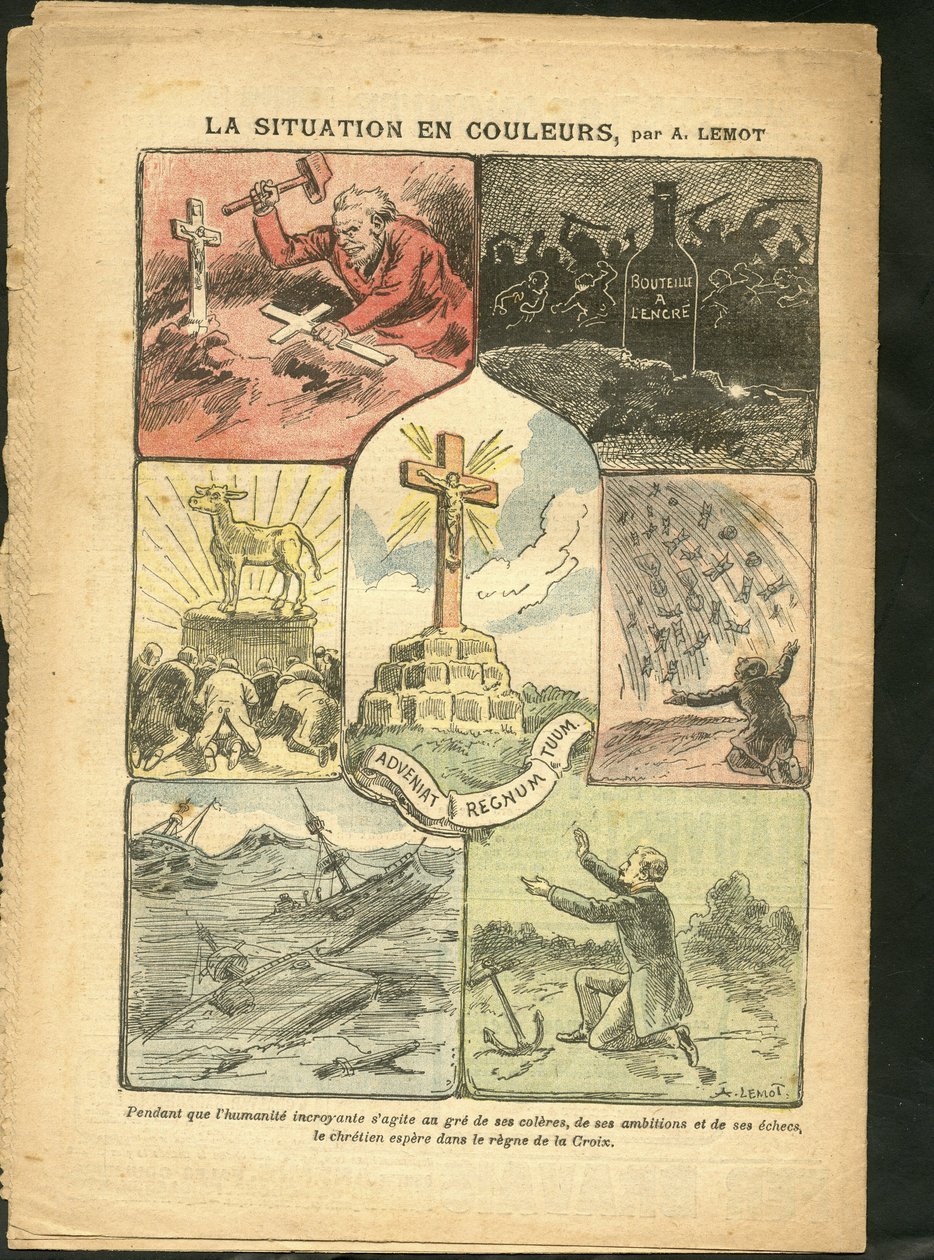 Illustration av Achille Lemot (1846-1909) i Le Pelerin, 28/02/09 - Situationen i färg - Religion Tro, Maritime Marine Seaside, Ateism, Olyckor Katastrofer, Naturkatastrof, Christian Cross, Katolsk Katolicism - Guldkalv av Achille Lemot