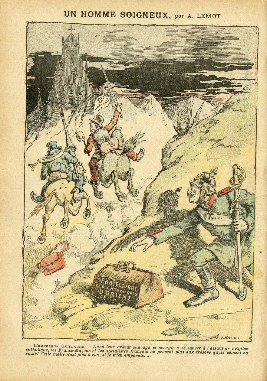 Illustration av Achille Lemot (1846-1909) i Le Pelerin, 28/05/05 - A Careful Man - Antiklerikalism, Social, Kolonisation Kolonialism Kolonism, Franco-Maconism, Orient, Religion Tro, Vänsterblocket, Socialism, Protectorate of Eastern Catholicism, Katolsk ka av Achille Lemot