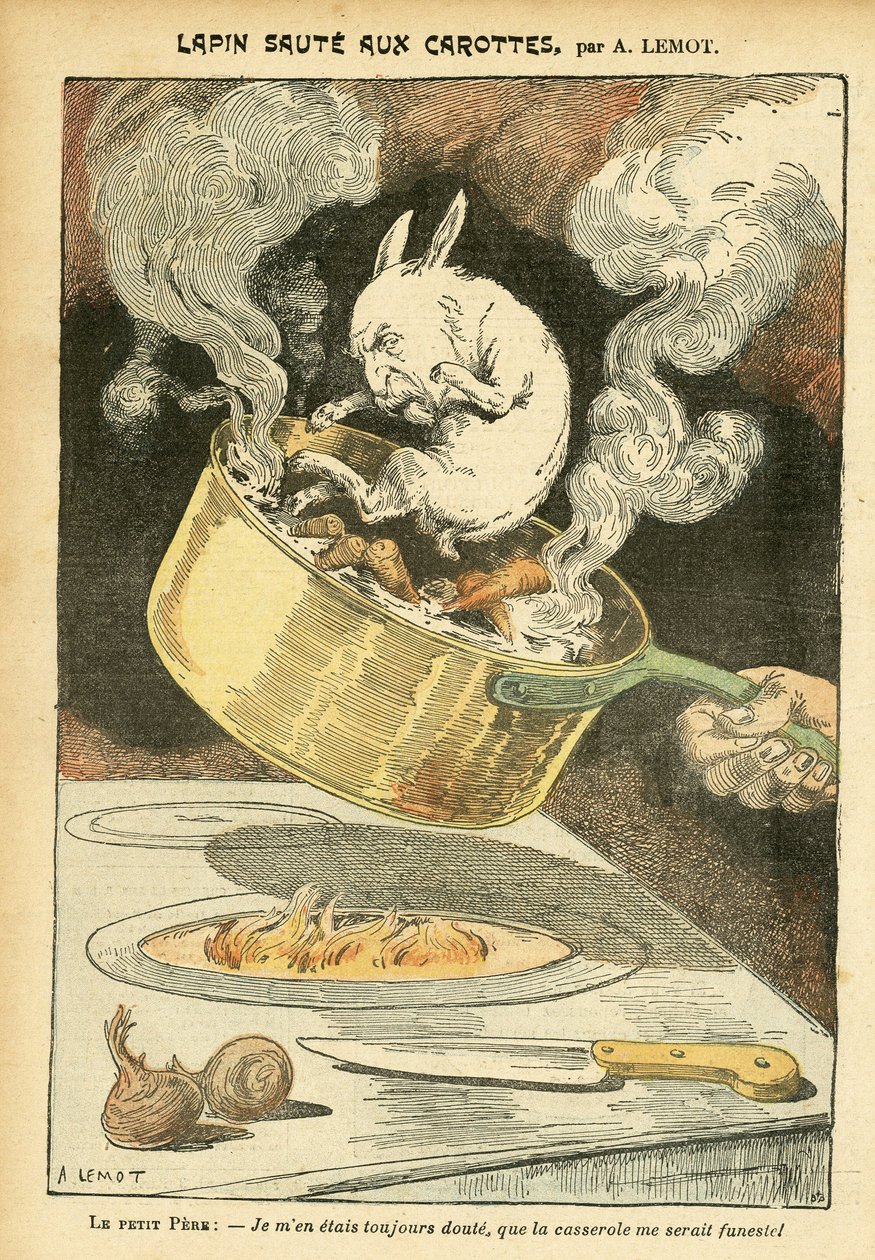 Illustration av Achille Lemot (1846-1909) i Le Pelerin, 01/29/05 - Kaninjumte med morötter - Arkivfodral, Gastronomikök - Combes Emile (1835-1921), Kanin - Kastrull - Matmetafor, Animalisering av Achille Lemot