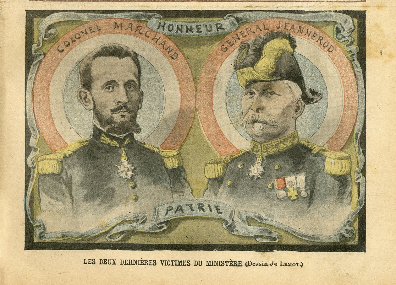 Illustration av Achille Lemot (1846-1909) i Le Pelerin, 29/05/04 - Ministeriets två sista offer - Armee, Ministere de la guerre, Patriotism - Laicisation Laicite Lois laiques - Marchand Jean-Baptiste (1863-1924), General Generaux, Jeannerod Gaspa av Achille Lemot