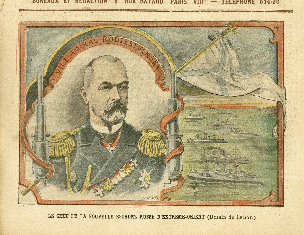 Illustration av Achille Lemot (1846-1909) i Le Pelerin, 30/04/05 - Ledaren för den nya ryska Fjärran Östern-skvadronen - Ryssland, Armee, Navy Seaside, Örlogsfartyg - Amiral Amirals, Rodjestvensky (Zinovi Rozhestvensky) av Achille Lemot