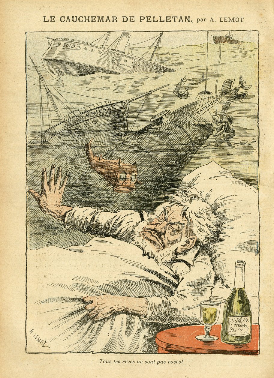 Illustration av Achille Lemot (1846-1909) i Le Pelerin, 30/07/05 - The Nightmare of Pelletan - Diverse fakta, Armee, Marine Marine Seaside, Ubåt, Disaster Accidents, Alcoholic Alcoholic Alcoholic, Farfadet, Sully, Warships - Fish , Pelletan Cam av Achille Lemot