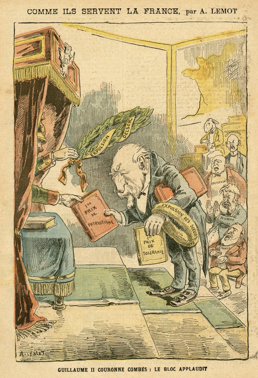 Illustration av Achille Lemot (1846-1909) i Le Pelerin, 31/01/04 - Hur de tjänar Frankrike - Tyskland Preussen, Religion Tro, Bloc des Left, Patriotism, katolsk katolicism - Vräkningar av religiösa - Combes Emile (1835-1921) , William II, Delsor Nicolas (1 av Achille Lemot
