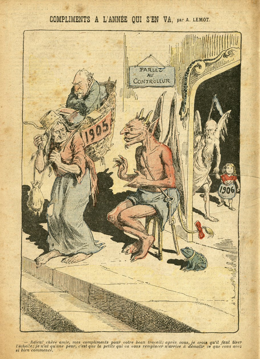 Illustration av Achille Lemot (1846-1909) i Le Pelerin, 31/12/05 - Årets komplimanger som försvinner - Religion Tro, katolsk katolicism - Combes Emile (1835-1921), Djävulen, tiden (allegori om) av Achille Lemot