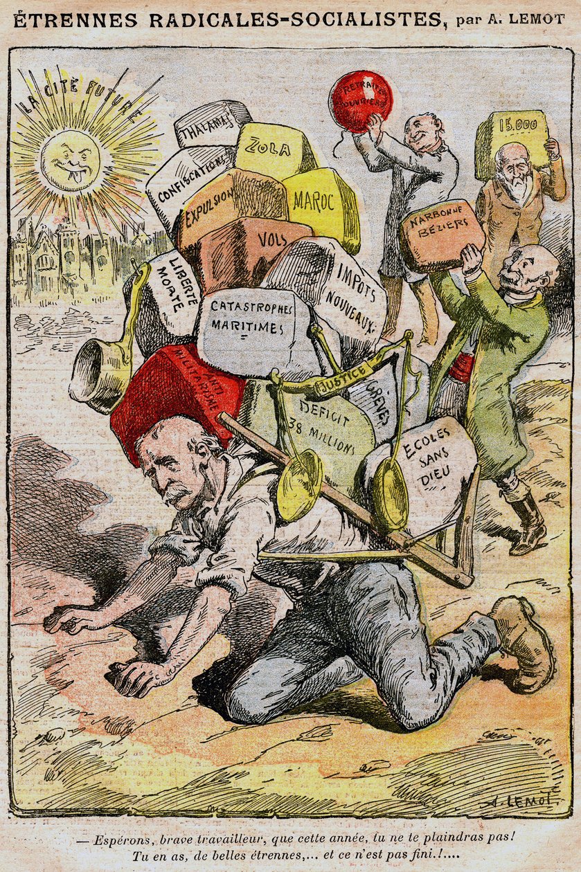 Radikal-socialister (socialistiska radikaler): tecknad serie av Achille Lemot (1846-1909) i Le Pelerin (1909) - en arbetare kraschar under bördan av skatter, skatter och olägenheter till följd av misskötsel av regeringen och Georges Clemenceau - strejker,  av Achille Lemot