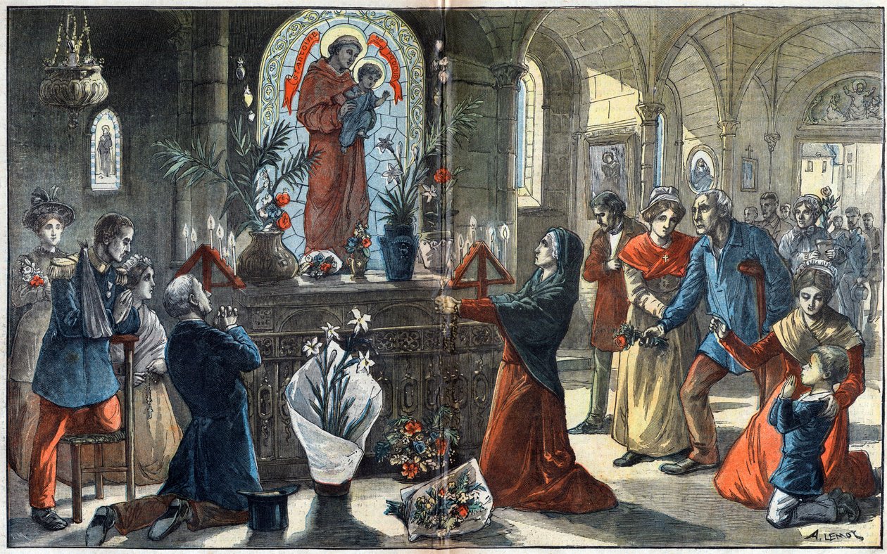 Hängivenheten till den helige Antonius av Padua (San Antonio di Padova) återförenar framför sitt altare alla samhällsklasser - Illustration av Achille Lemot i "" Le-Pelerin"" från 1896 av Achille Lemot