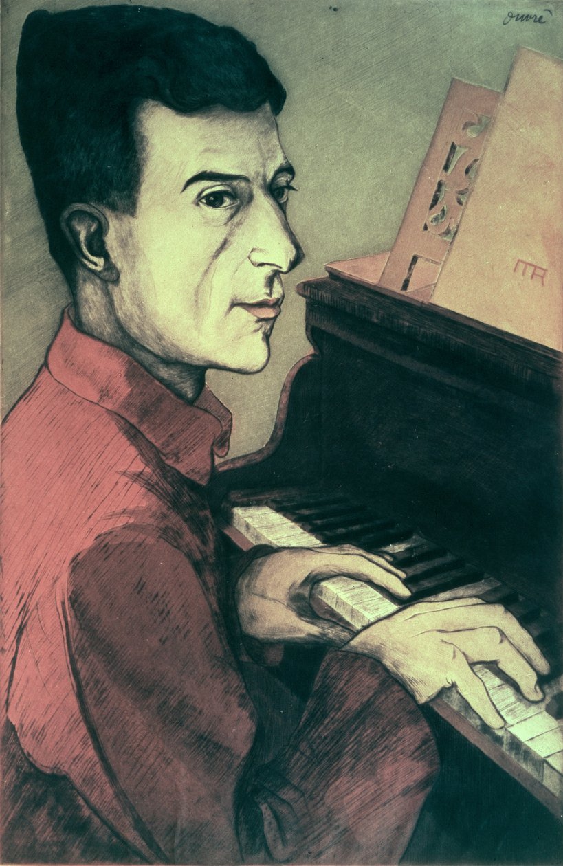 Porträtt av Maurice Ravel som spelar piano av Achille Ouvré