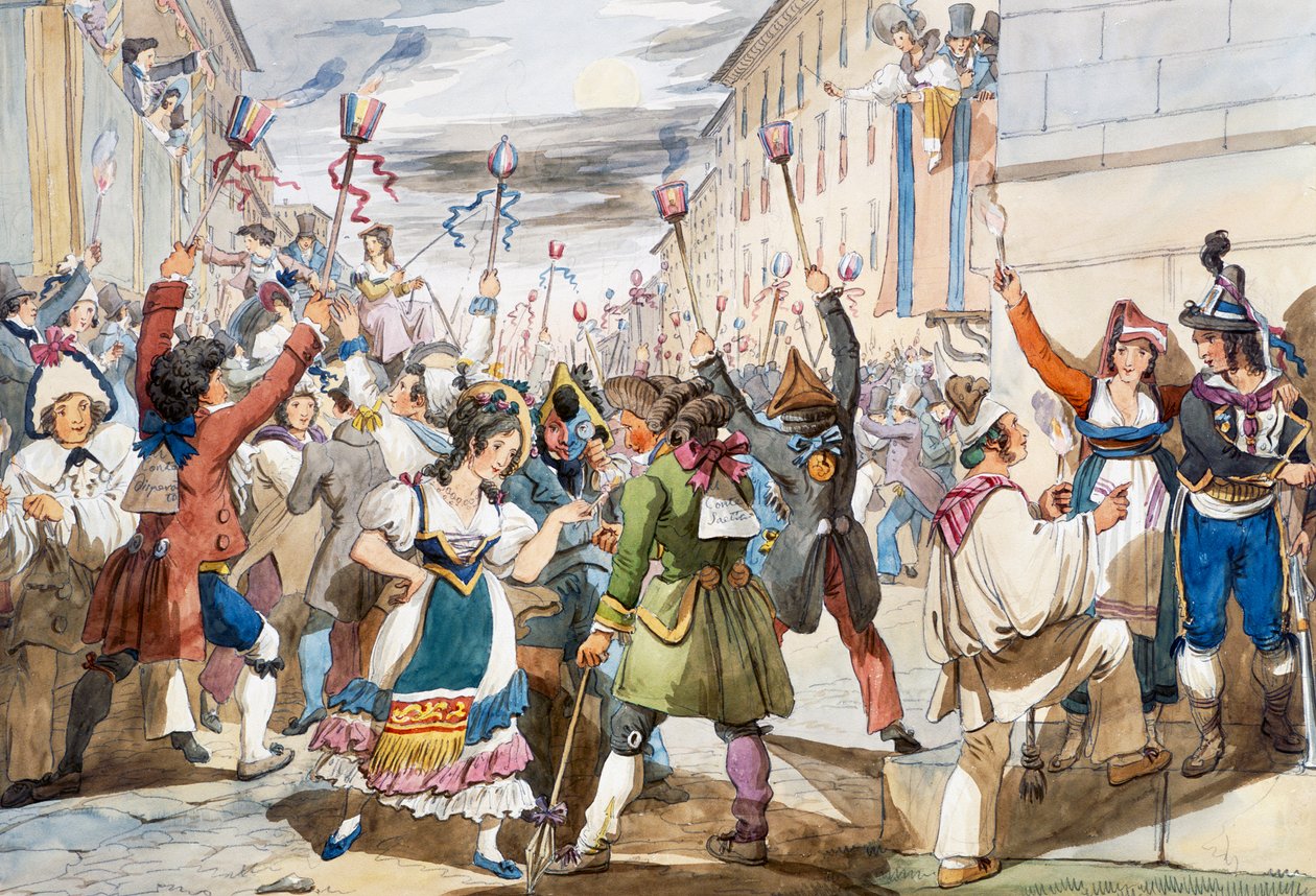 Sista dagen på karnevalen i Rom med moccolettiljus av Achille Pinelli