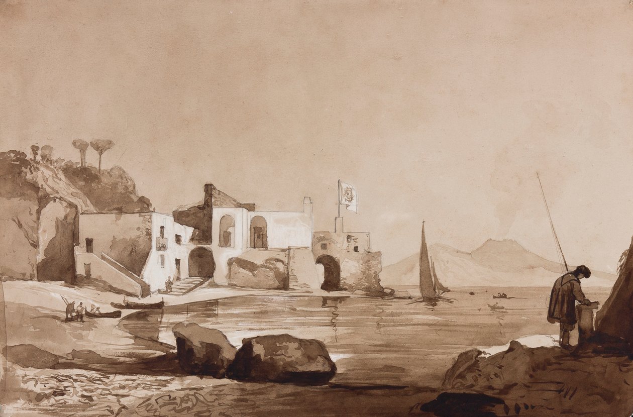 Hamn med Borbone-flaggan med Vesuvius i söder, med tillägg av en Borbone-elev (penna, sepia tvättar och gouache på papper) av Achille Vianelli