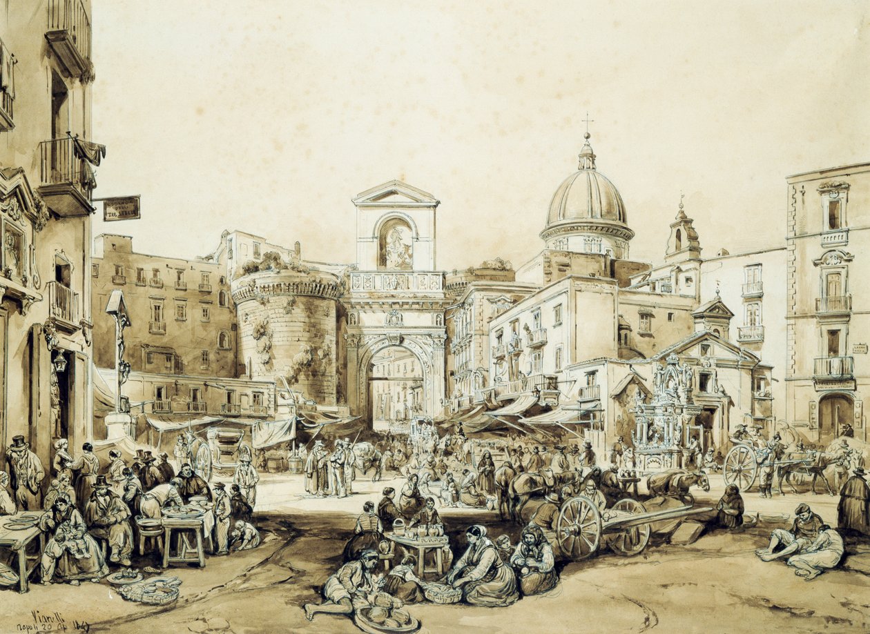 Porta Capuana i Neapel, av Achille Vianelli (1803-1894), sepia, 43x60,5 cm av Achille Vianelli