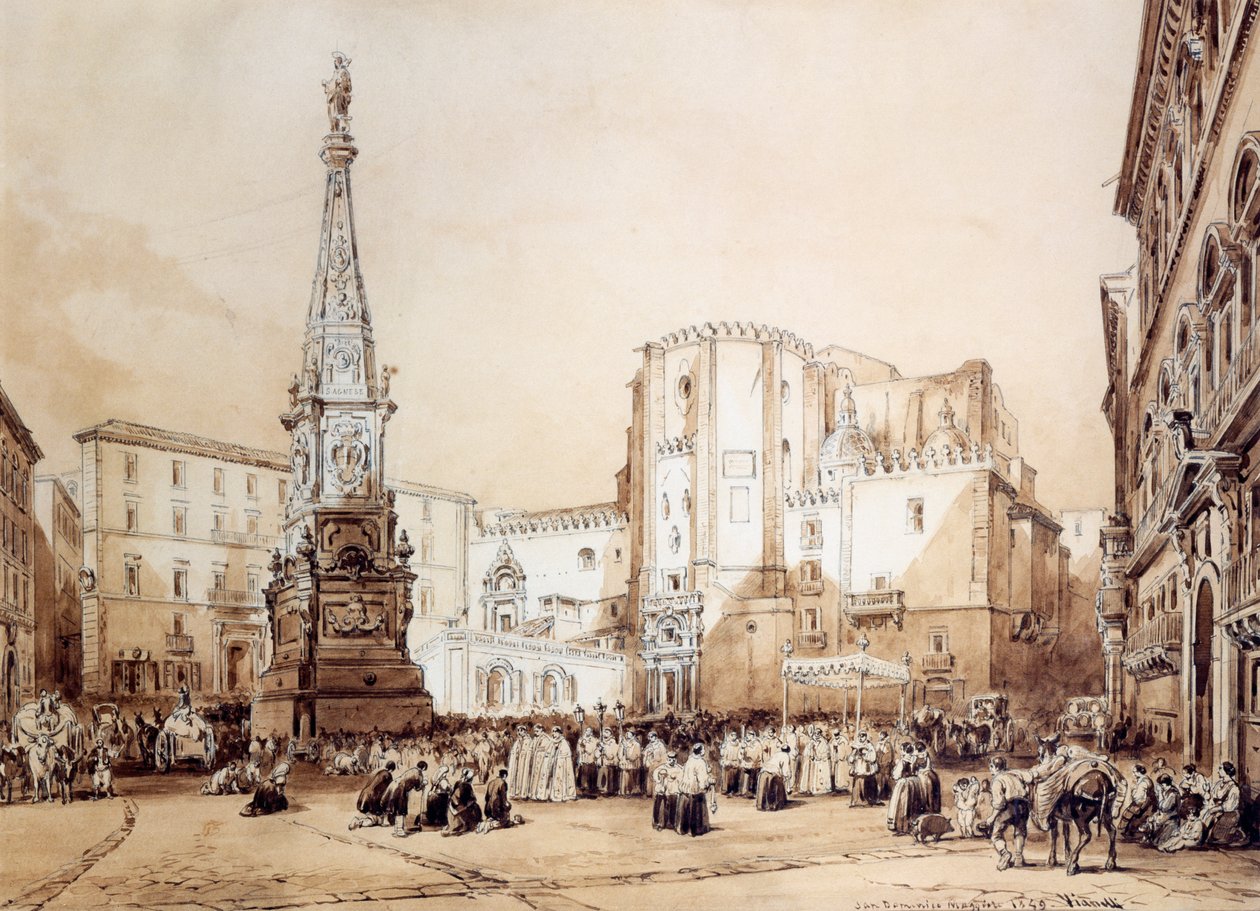 Procession på Piazza San Domenico Maggiore i Neapel av Achille Vianelli