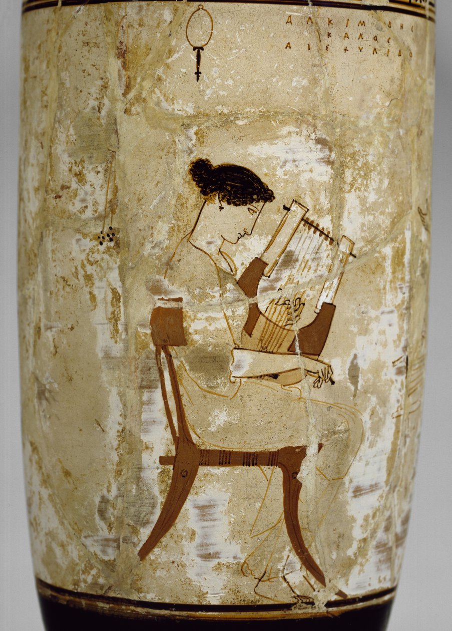 Attic vitmald lekythos dekorerad med en kvinna som spelar en cithara (glaserad terrakotta) av Achilles Painter