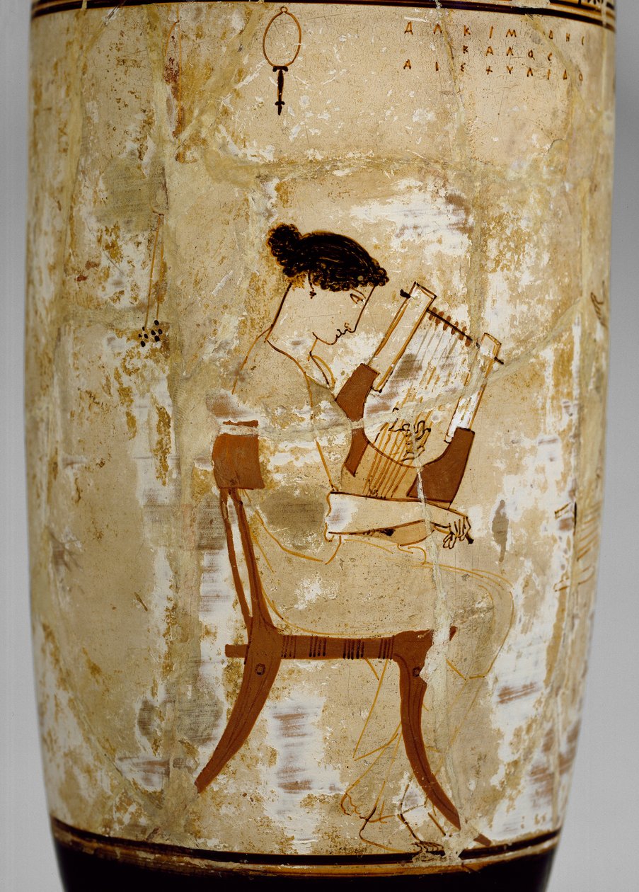 Attic white-ground lekythos med bild av kvinnliga musiker, 400-talet f.Kr av Achilles Painter