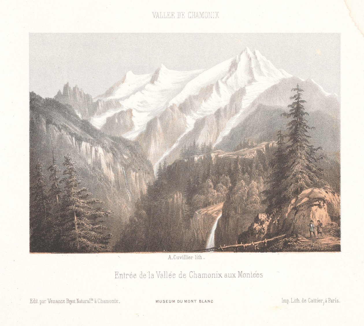 Utsikt över Chamonix med Mer-de-Glace-glaciären och Aiguille du Dru Chamonix, le Glacier des Bois, et le Dru (titel på objekt) Memories of Chamonix-Mont-Blanc (serietitel) Museum du Mont-Blanc (serietitel) av Ad. Cuvillier