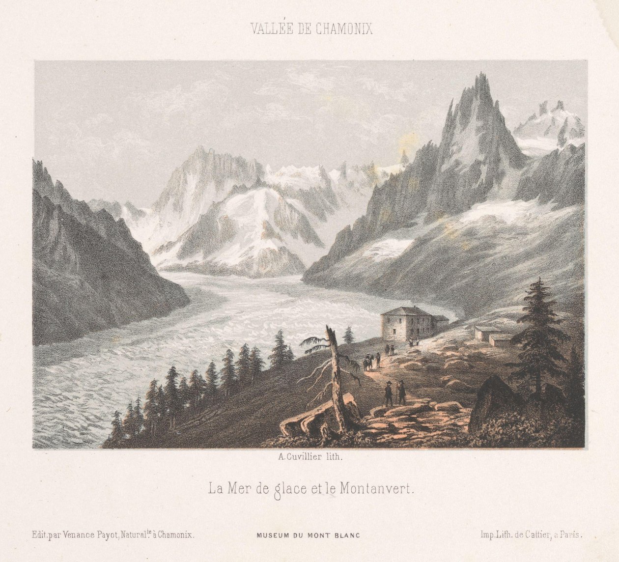 Utsikt över Le Chapeau vid glaciären Mer-de-Glace Le Chapeau (titel på objekt) Memory of Chamonix-Mont-Blanc (serietitel) Museum du Mont-Blanc (serietitel på föremål) av Ad. Cuvillier