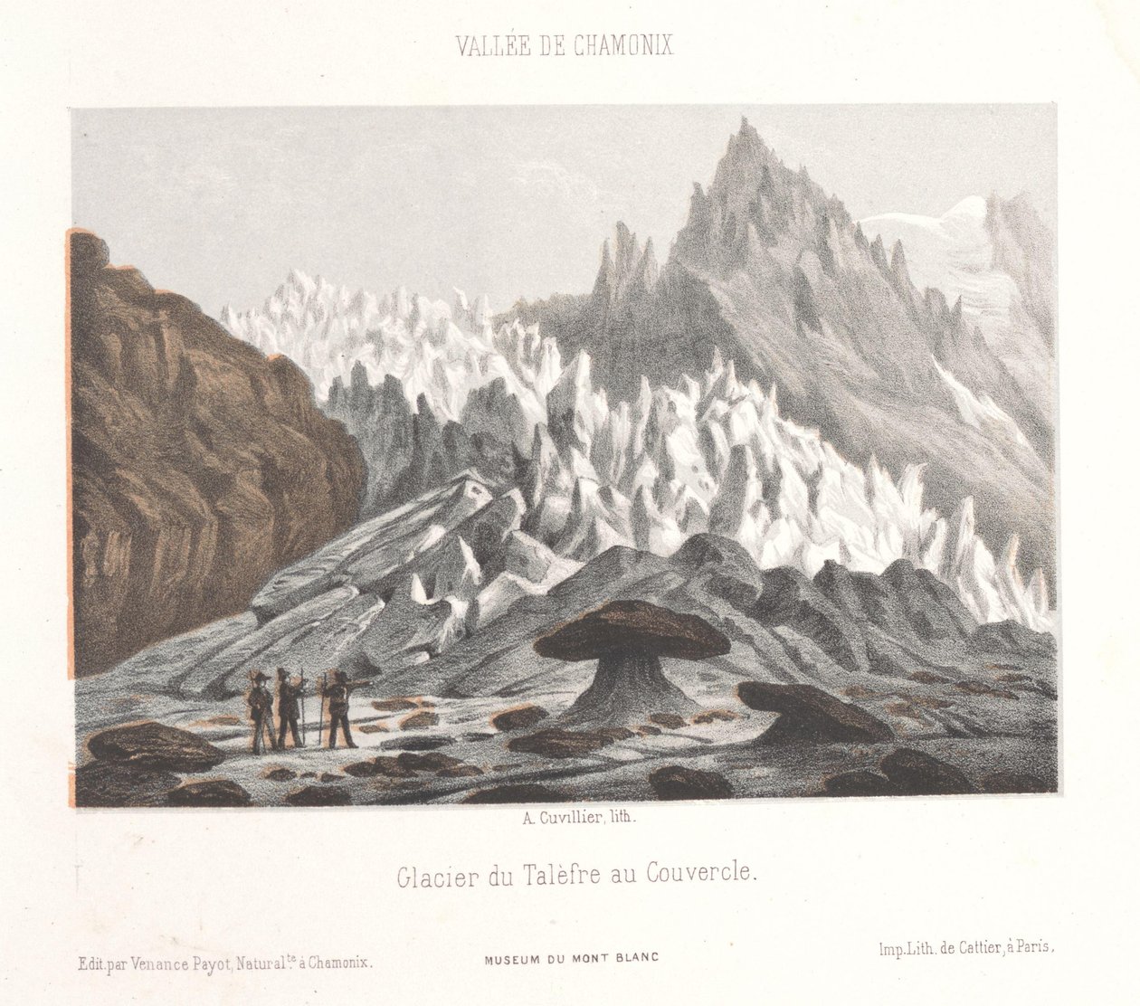 Utsikt över Couvercle-stenen vid Talèfre-glaciären Glacier du Talèfre au Couvercle (titel på objekt) Memory of Chamonix-Mont-Blanc (serietitel) Museum du Mont-Blanc (serietitel på föremål) av Ad. Cuvillier