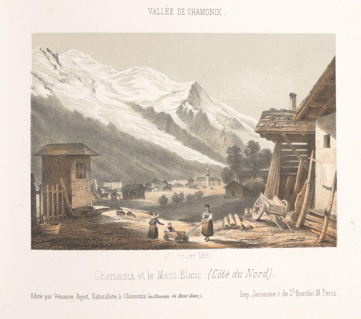Zicht op de valley van Chamonix från de pas Les Montées Ingång till Chamonix-dalen vid Montées (titel på objekt) Herinnering i Chamonix-Mont-Blanc (serietitel) Museum of Mont-Blanc (serietitel på objekt) av Ad. Cuvillier