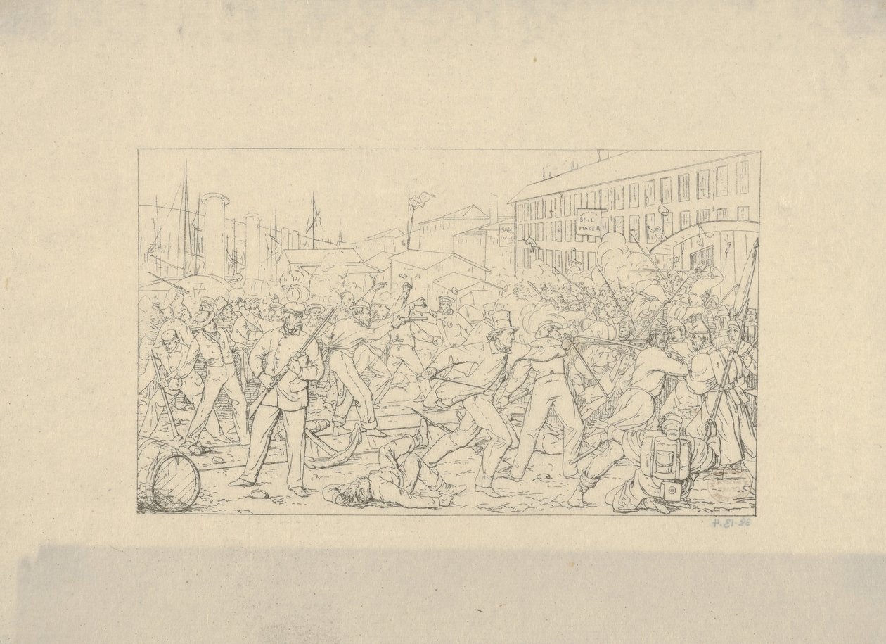 Slaget i Baltimore, 19 april 1861 från Confederate War Etchings, 1861-63. av Adalbert John Volck