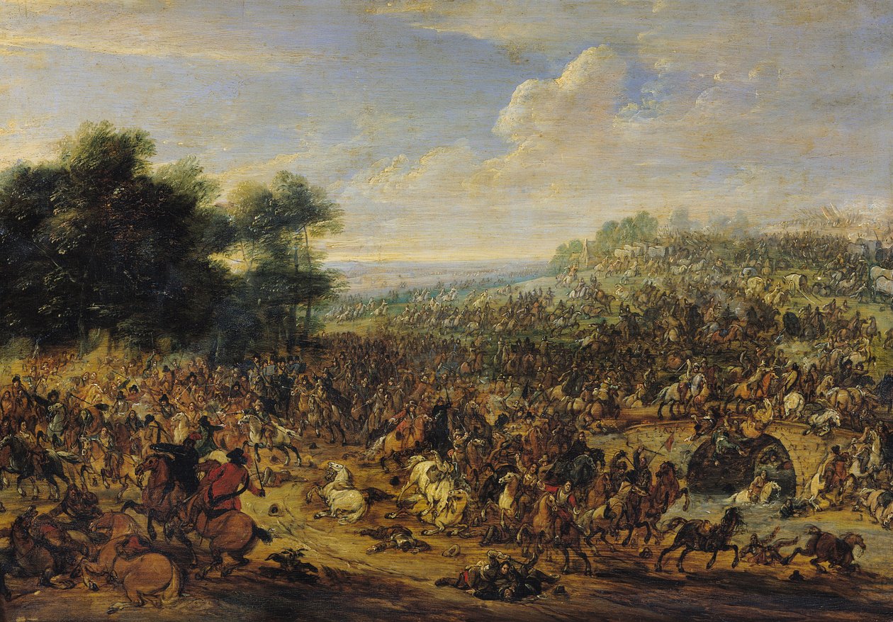 Slag nära en bro av Adam Frans van der Meulen