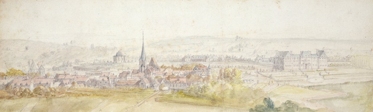 Avlägsen utsikt över en stad med ett slott till höger (wc och grafit på papper) av Adam Frans van der Meulen