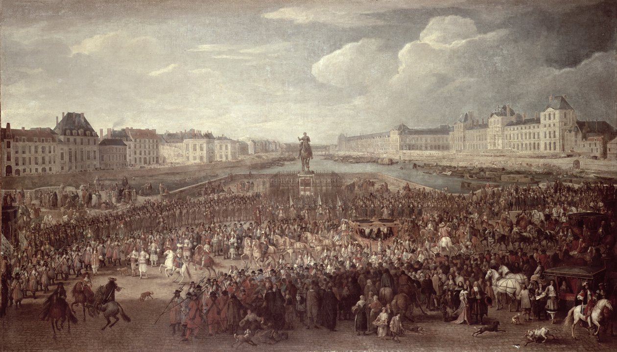 Ludvig XIV:s procession (1638-1715) över Pont Neuf av Adam Frans van der Meulen