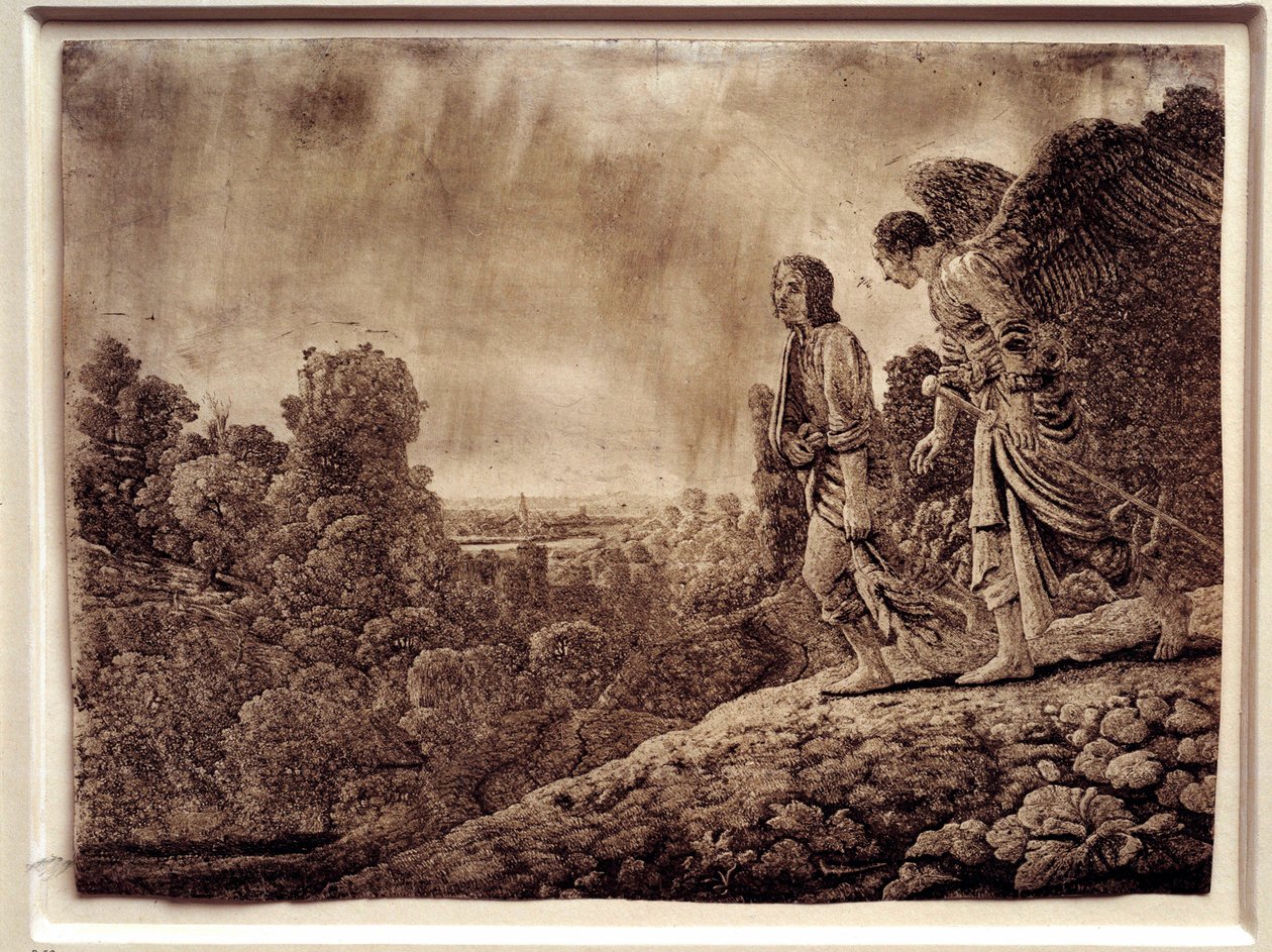 Tobie och ängeln. Strong Water on Copper av Hercules Seghers (1590-1638) av Adam (after) Elsheimer
