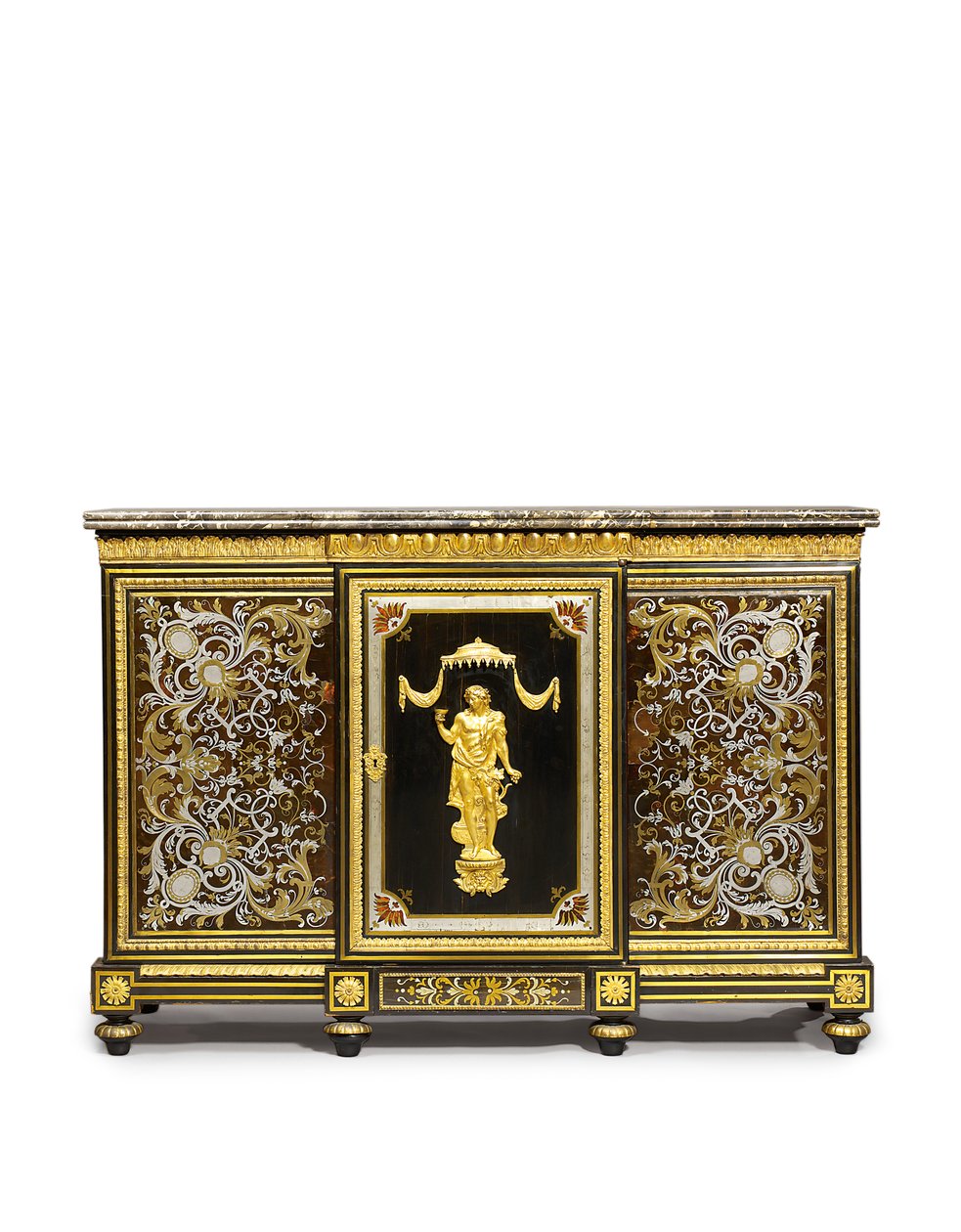 Louis XVI sidoskåp, beställt av Marchand-Mercier Claude-Francois Julliot, inkluderande Louis XIV intarsiapaneler, ca 1775-1800 (ormolu monterad, mässing & tenn inlagd ebenholts och sköldpaddashe av Adam (attr. to) Weisweiler