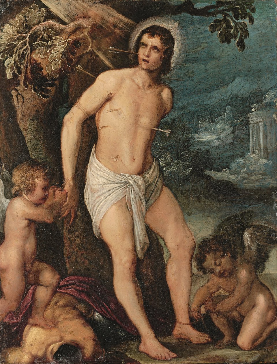Saint Sebastian deltog av änglar (olja på koppar) av Adam (circle of) Elsheimer