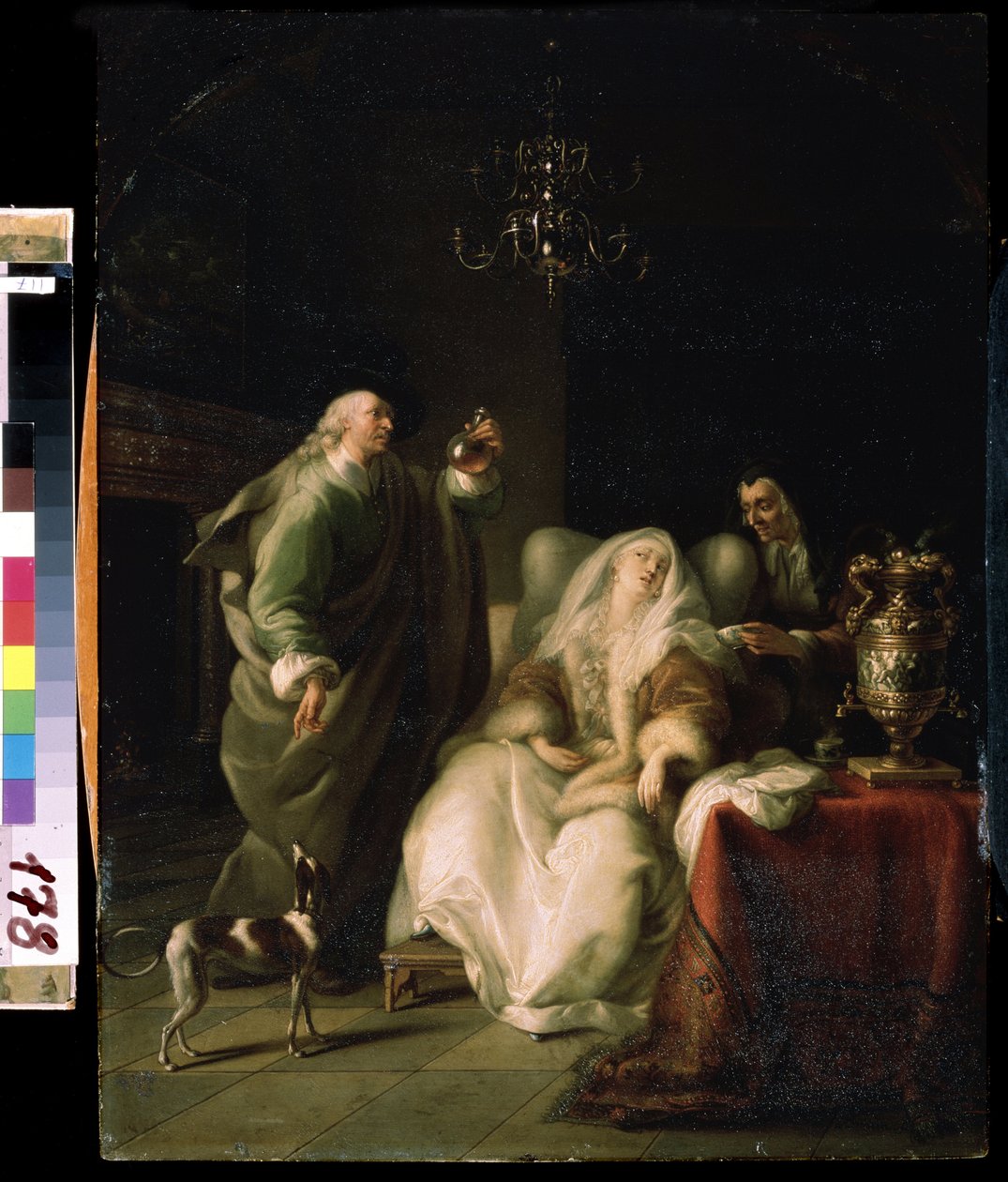 ""La consultation du medecin"" (Sjuk kvinna och en läkare) Läkaren undersöker en flaska med urin under konsultationen av en sjuk kvinna. Målning av Adam Braun (1748-1827) Mikhail Kroshitsky Art Museum, Sevastopol (Sevastopol) Ukraina av Adam Braun