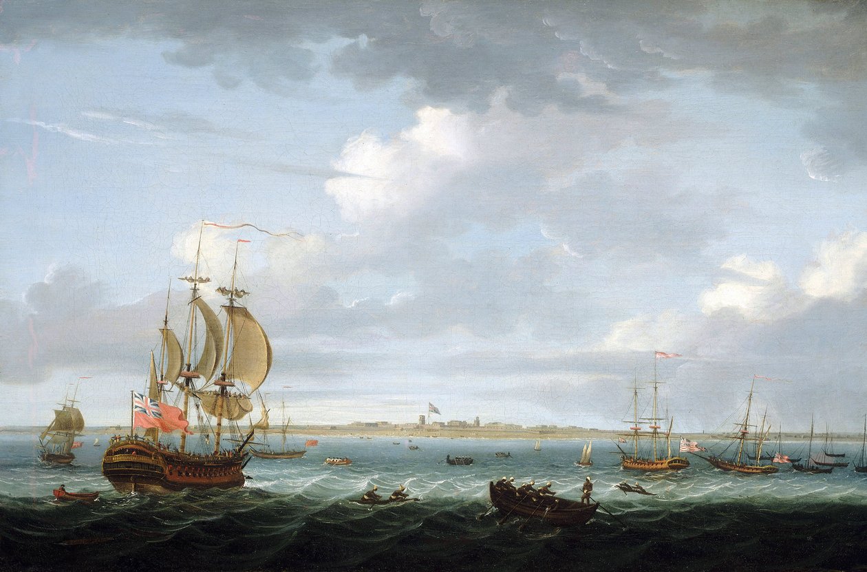 Navigering utanför Madras (Indien) kust, med en beskrivning av hamnen och staden och den brittiska flaggan som vajar över Fort Saint George, vilket för tankarna till de ökade svårigheterna i Indien för det brittiska imperiet av Adam Callander