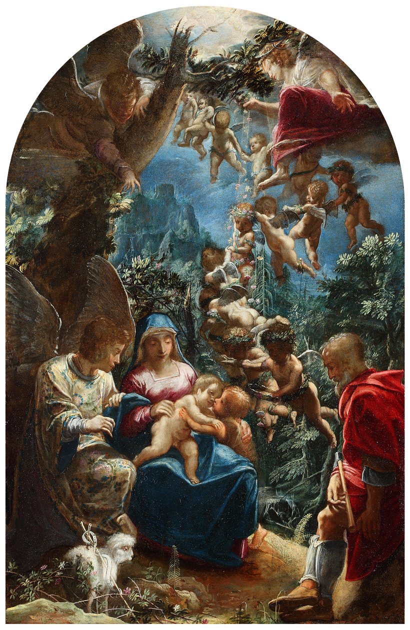 Italienska: sacra famiglia con san giovannino e un angelo Den heliga familjen med barnet Johannes Döparen och änglar av Adam Elsheimer