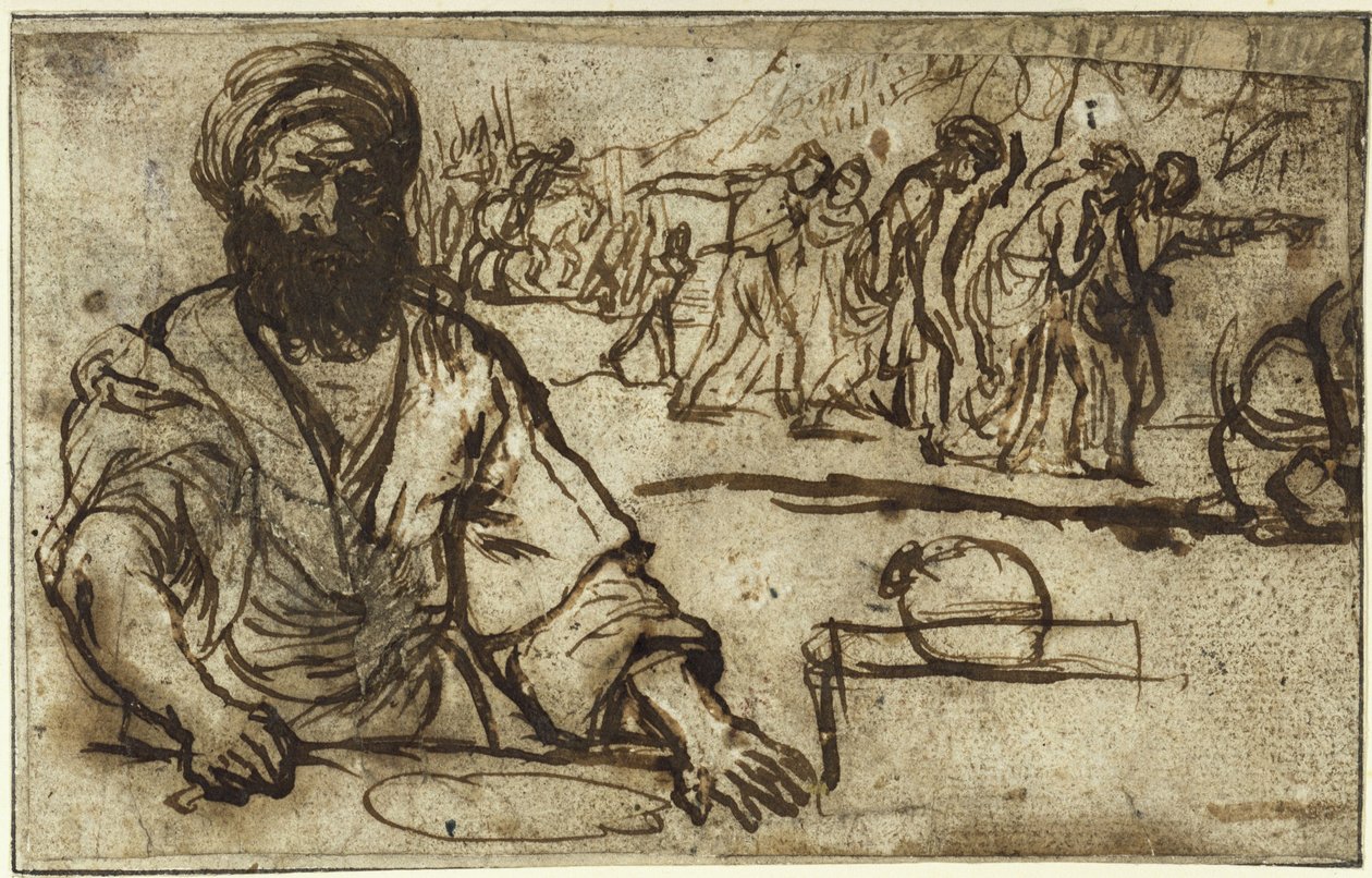En sittande, skäggig man, med en folkmassa och en ryttarkaravan i bakgrunden av Adam Elsheimer
