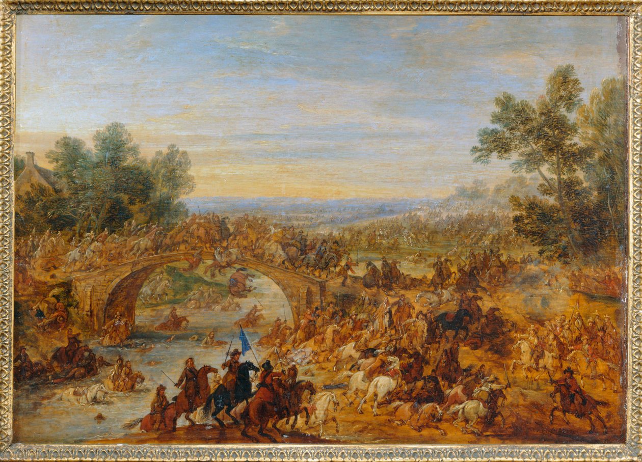 Kavalleri i strid när de korsar en bro... av Adam Frans van der (circle of) Meulen