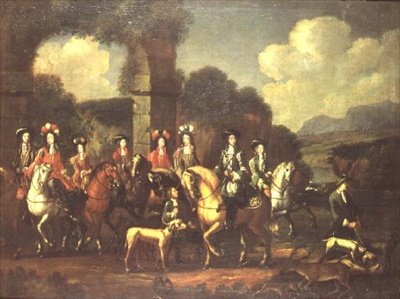 Ett elegant jaktsällskap vid en ruin av Adam Frans van der (follower of) Meulen
