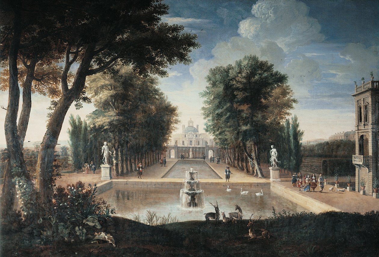 Vy över ett palats (olja på duk) av Adam Frans van der (style of) Meulen