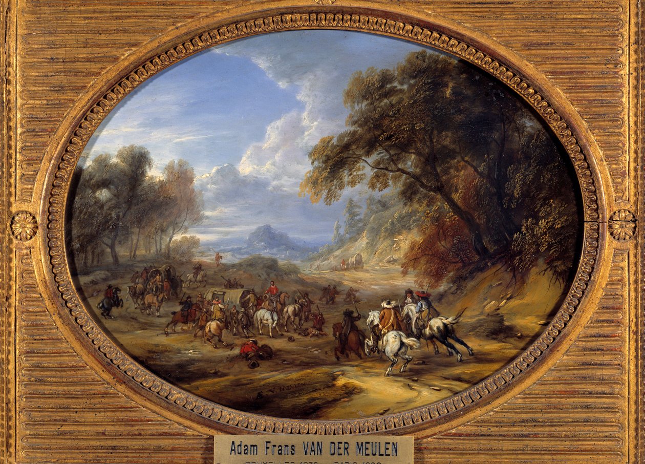 Attack av en konvoj av rånare Målning av Adam Van der Meulen (1632-1690) (ec.flam.) Sön 0,2x0,27 m av Adam Frans van der Meulen