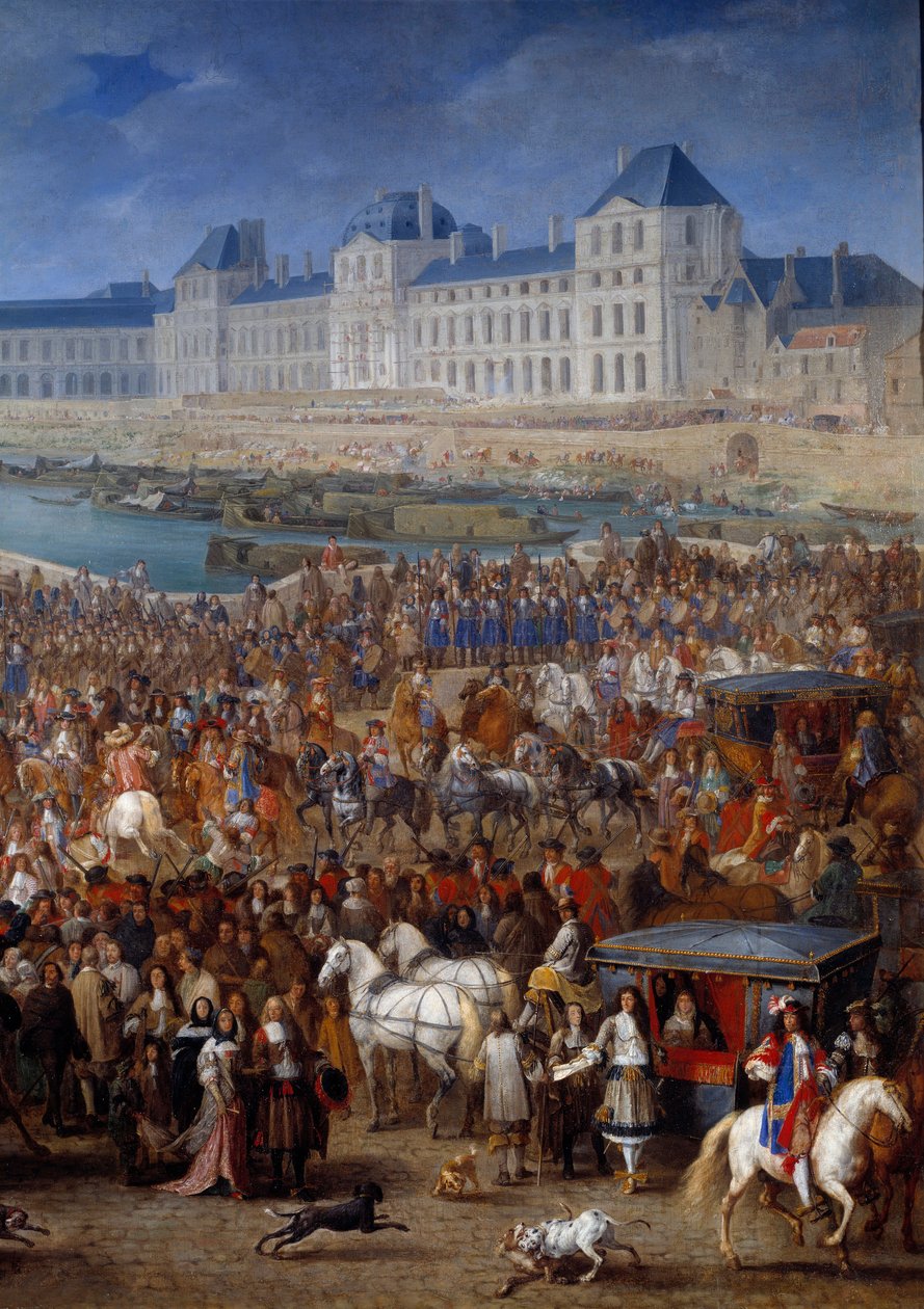 Gård och jäklar. Höger detalj av Ludvig XIV (1638-1715) som korsar Pont Neuf i sin vagn. Målning av Adam Francois Van Der Meulen (1632-1690) av Adam Frans van der Meulen