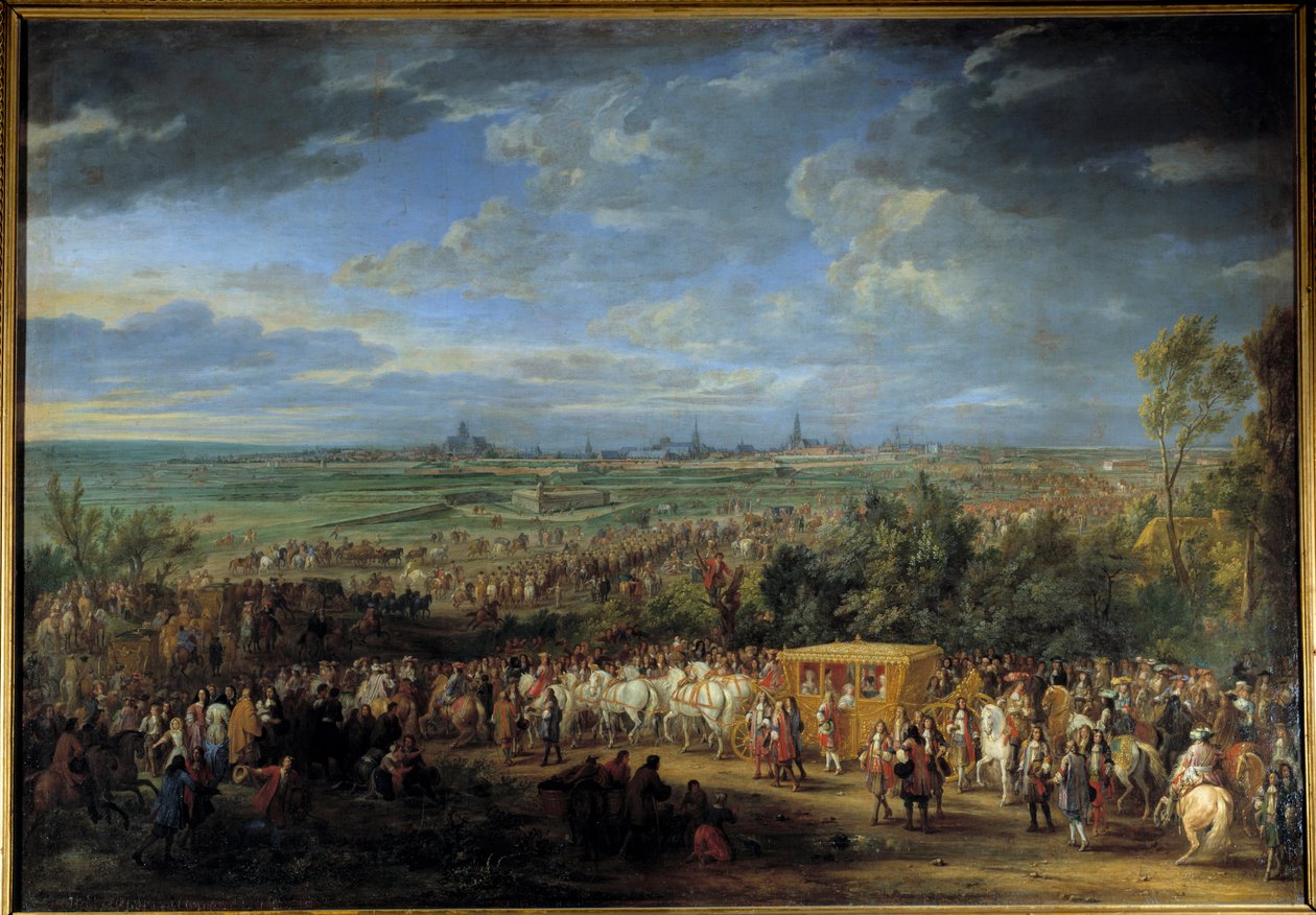 Mellan kung Ludvig XIV och drottning Marie Therese 30 juli 1667 i Arras”” Målning av Adam Van Der Meulen (1632-1690) 1600-talets sön. 2,32 x 3,31 m av Adam Frans van der Meulen