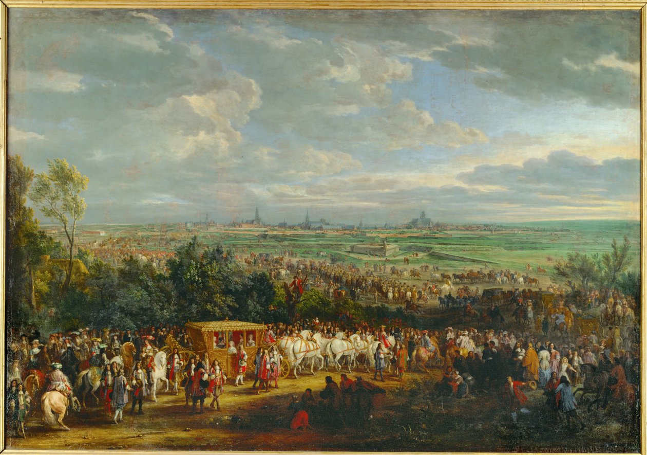 Ludvig XIV:s och Marie Thérèse av Österrikes intåg i Arras ... (målning på duk) av Adam Frans van der Meulen