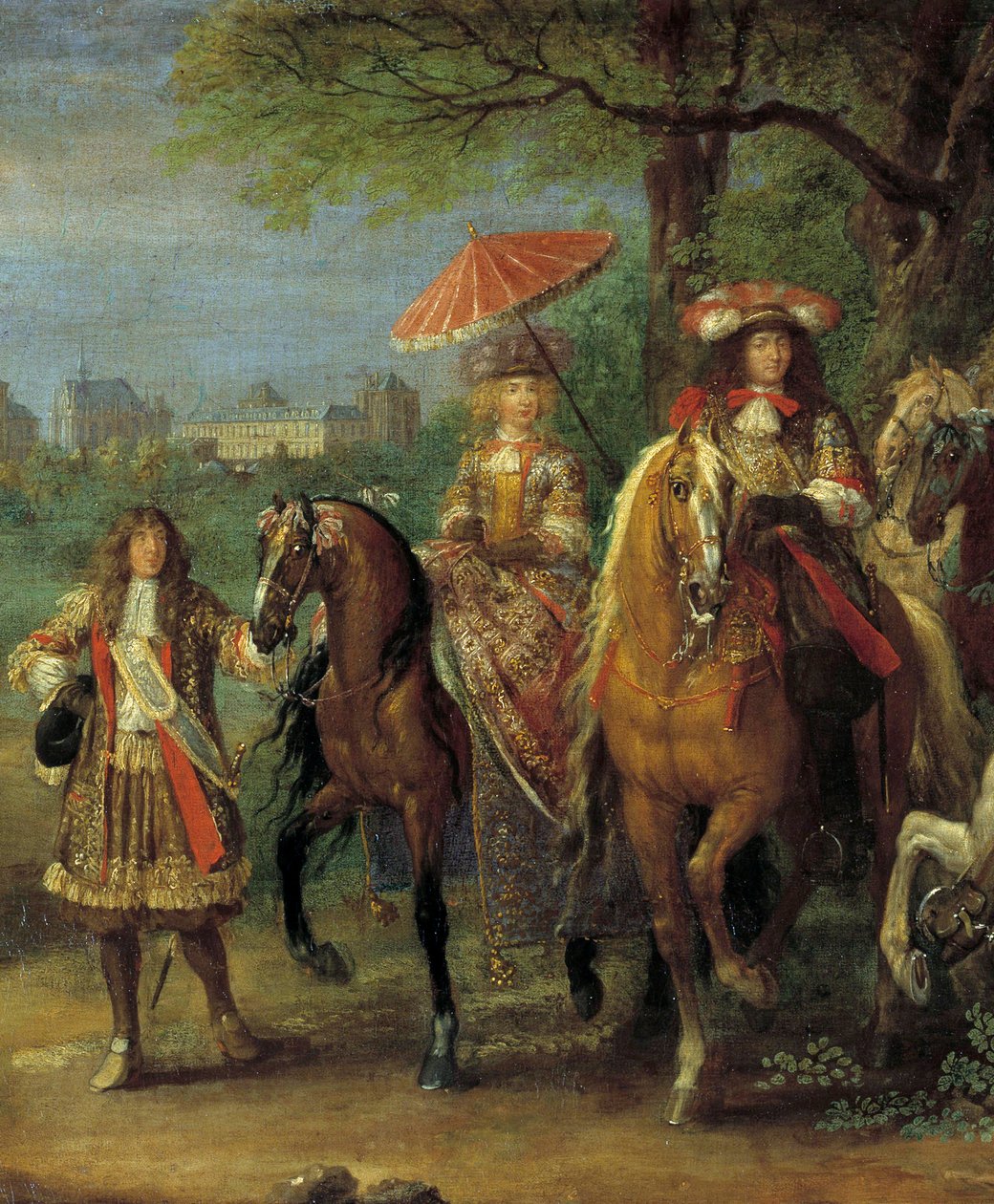 Kung Ludvig XIV (1638-1715) och drottning Marie-Therese av Österrike (1638-1683) går framför slottet i Vincennes 1669 i detalj av målningen av Adam Frans Van der Meulen (1632-1690) av Adam Frans van der Meulen